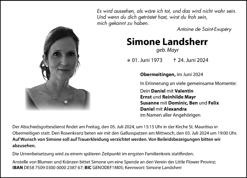  Traueranzeige für Simone Landsherr vom 01.07.2024 aus Landsberger Tagblatt, Augsburger Allgemeine