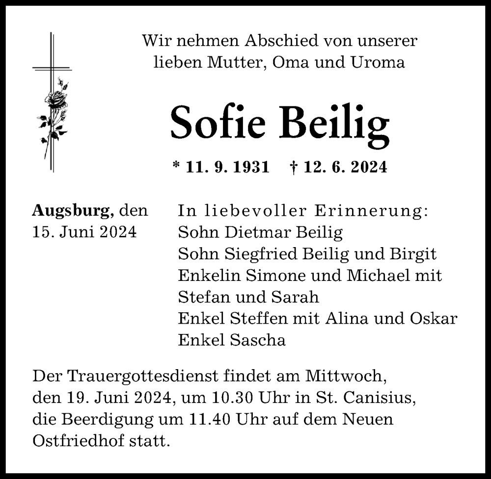 Traueranzeige von Sofie Beilig von Augsburger Allgemeine