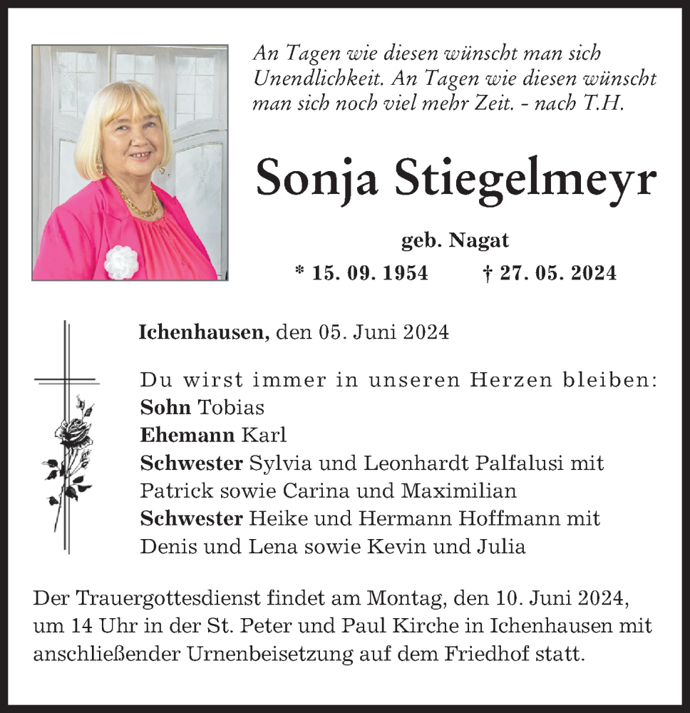 Traueranzeige von Sonja Stiegelmeyr von Günzburger Zeitung