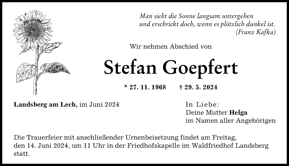 Traueranzeige von Stefan Goepfert von Landsberger Tagblatt