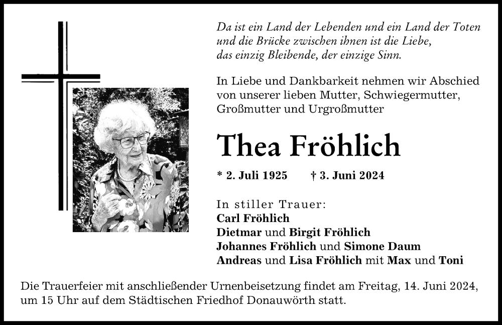 Traueranzeige von Thea Fröhlich von Donauwörther Zeitung