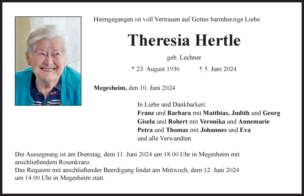 Traueranzeige von Theresia Hertle von Rieser Nachrichten