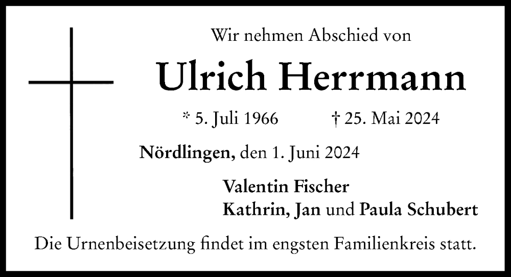 Traueranzeige von Ulrich Herrmann von Rieser Nachrichten