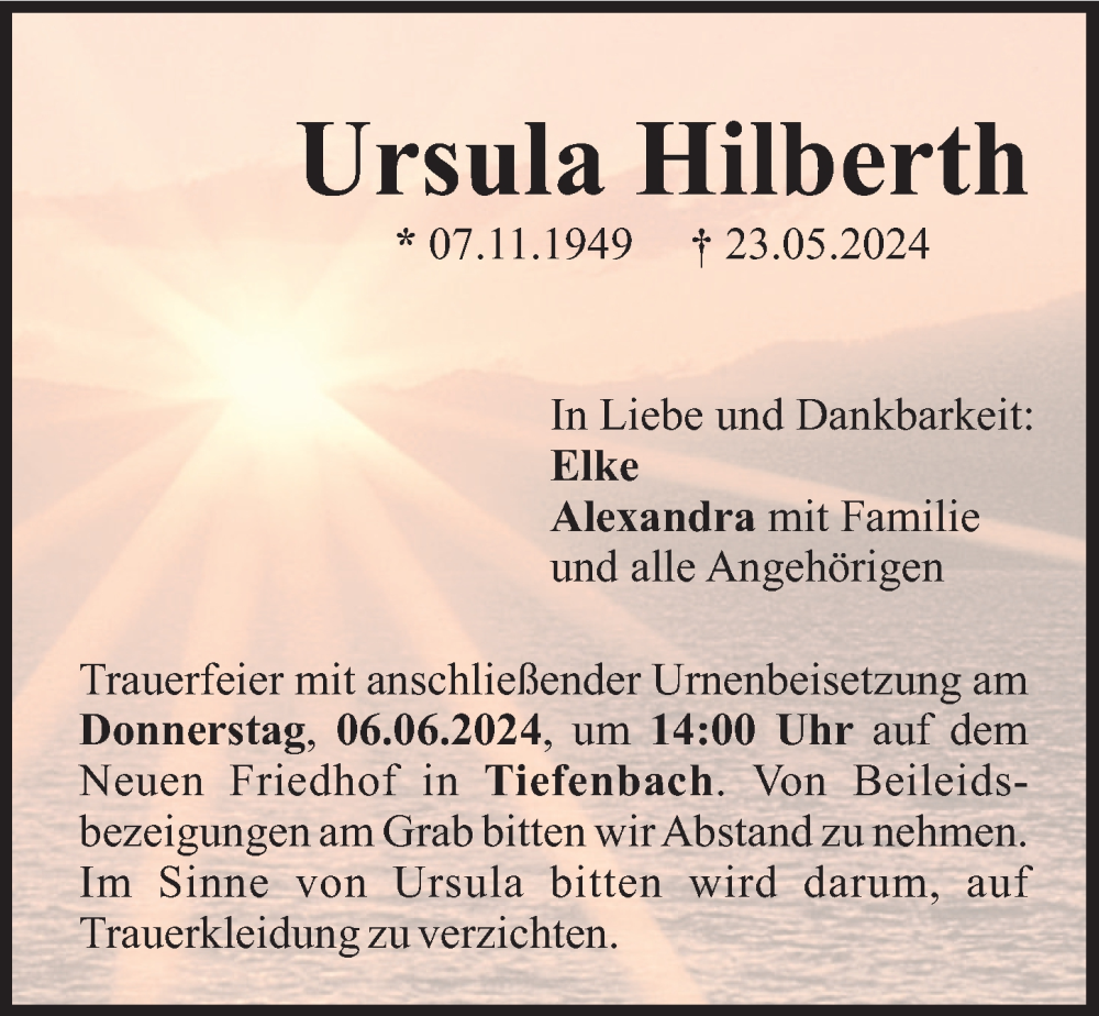 Traueranzeige von Ursula Hilberth von Illertisser Zeitung