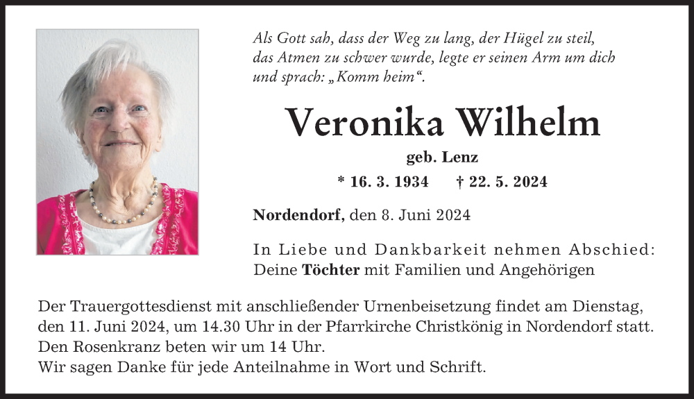 Traueranzeige von Veronika Wilhelm von Augsburg-Land