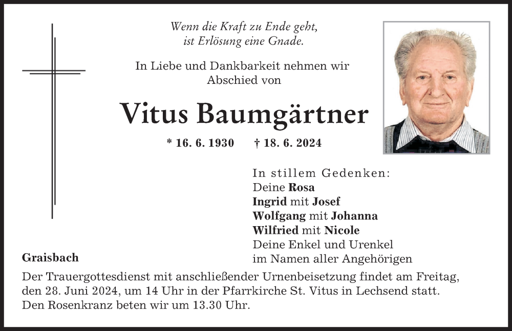 Traueranzeige von Vitus Baumgärtner von Donauwörther Zeitung