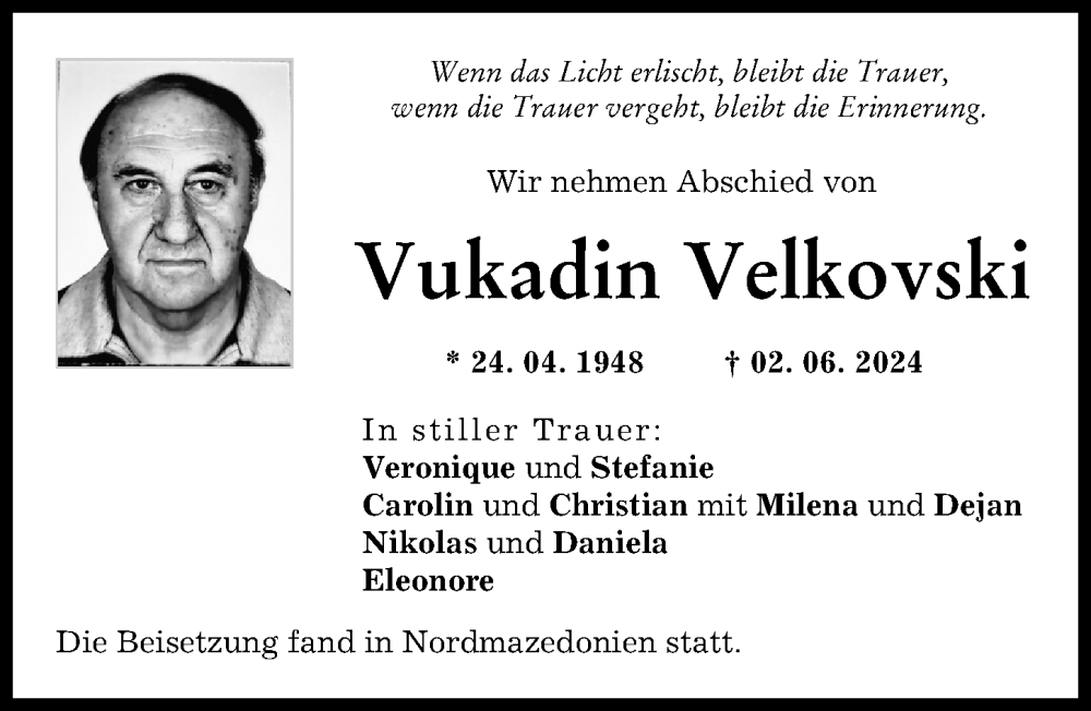 Traueranzeige von Vukadin Velkovski von Rieser Nachrichten, Donauwörther Zeitung