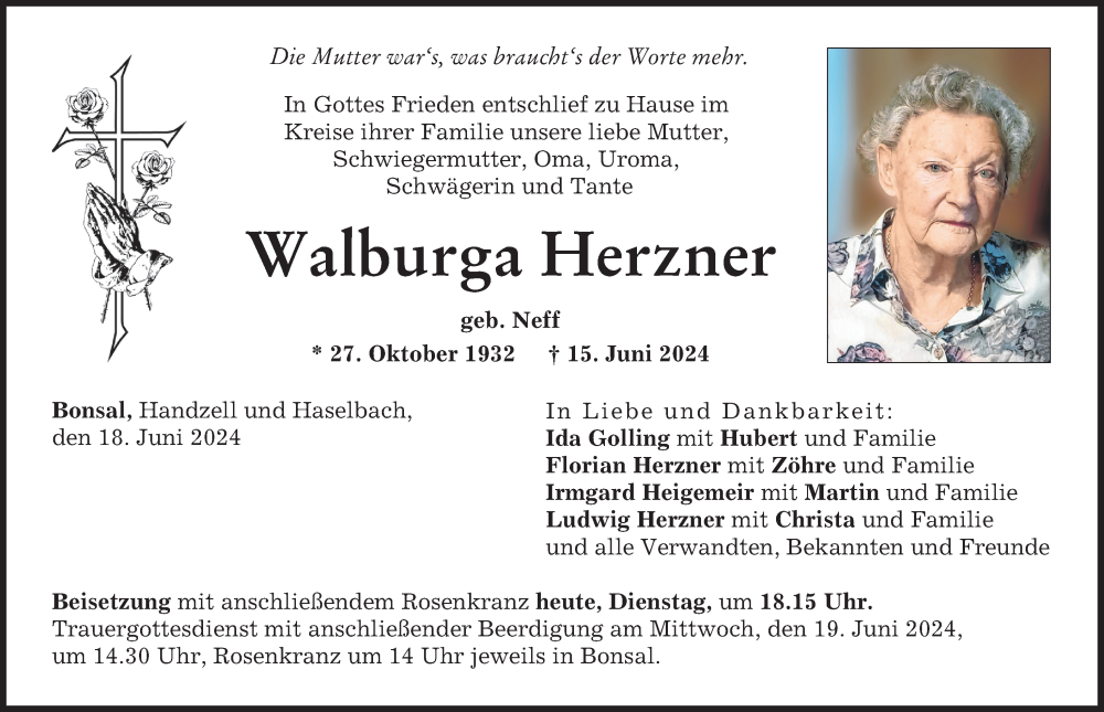Traueranzeige von Walburga Herzner von Neuburger Rundschau