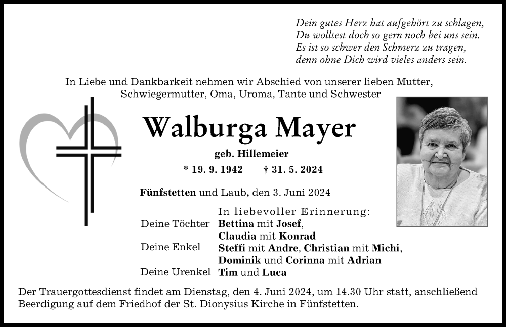 Traueranzeige von Walburga Mayer von Donauwörther Zeitung