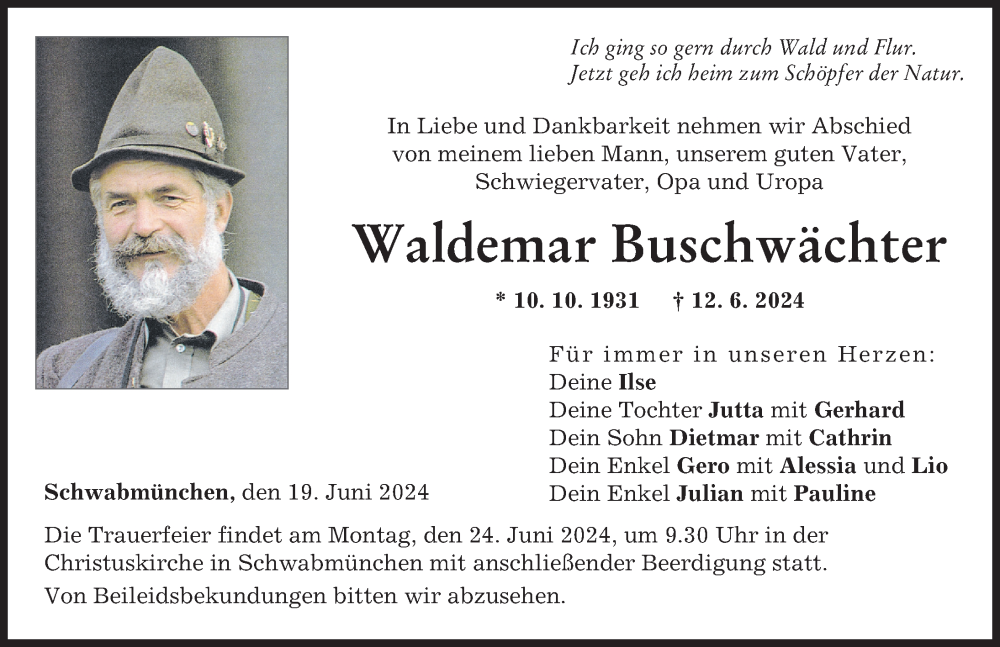 Traueranzeige von Waldemar Buschwächter von Schwabmünchner Allgemeine