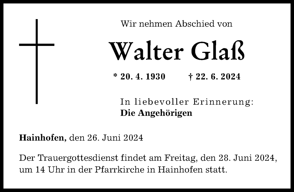 Traueranzeige von Walter Glaß von Augsburg-Land