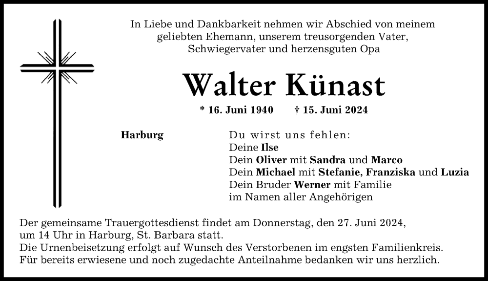 Traueranzeige von Walter Künast von Donauwörther Zeitung