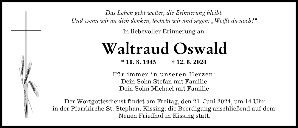 Traueranzeige von Waltraud Oswald von Augsburger Allgemeine