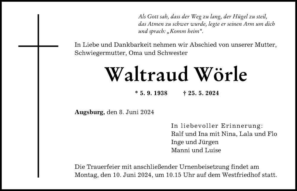 Traueranzeige von Waltraud Wörle von Augsburger Allgemeine