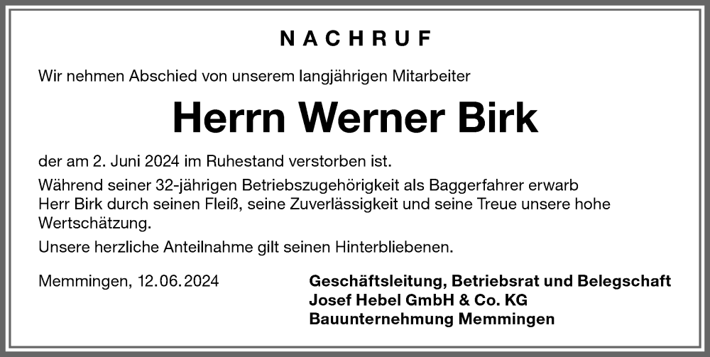 Traueranzeige von Werner Birk von Mindelheimer Zeitung