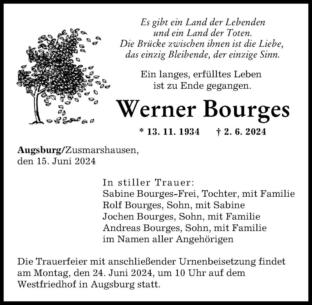 Traueranzeige von Werner Bourges von Augsburger Allgemeine