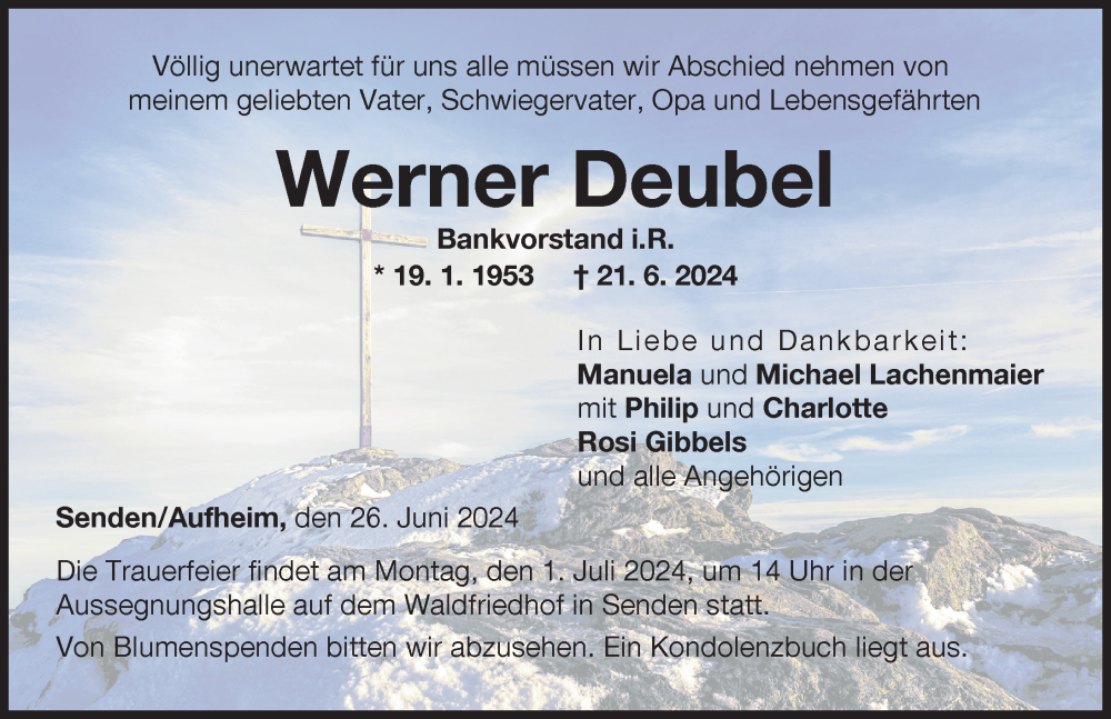 Traueranzeige von Werner Deubel von Augsburger Allgemeine, Neu-Ulmer Zeitung