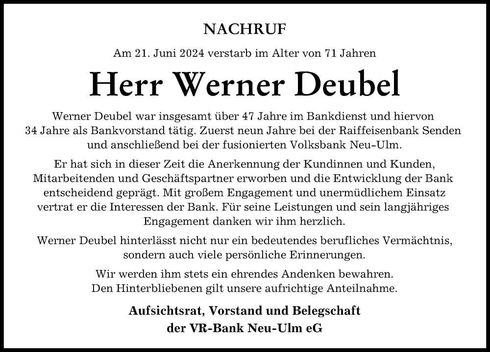 Traueranzeige von Werner Deubel von Neu-Ulmer Zeitung