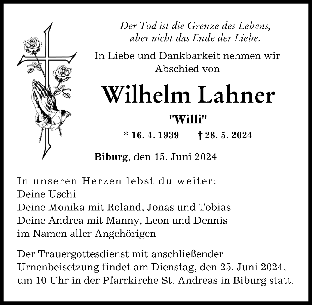 Traueranzeige von Wilhelm Lahner von Augsburger Allgemeine