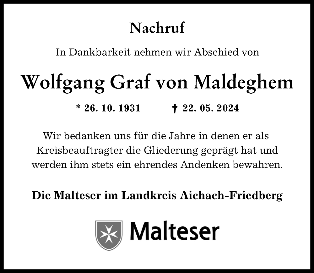 Traueranzeige von Wolfgang  Graf von Maldeghem von Friedberger Allgemeine, Aichacher Nachrichten