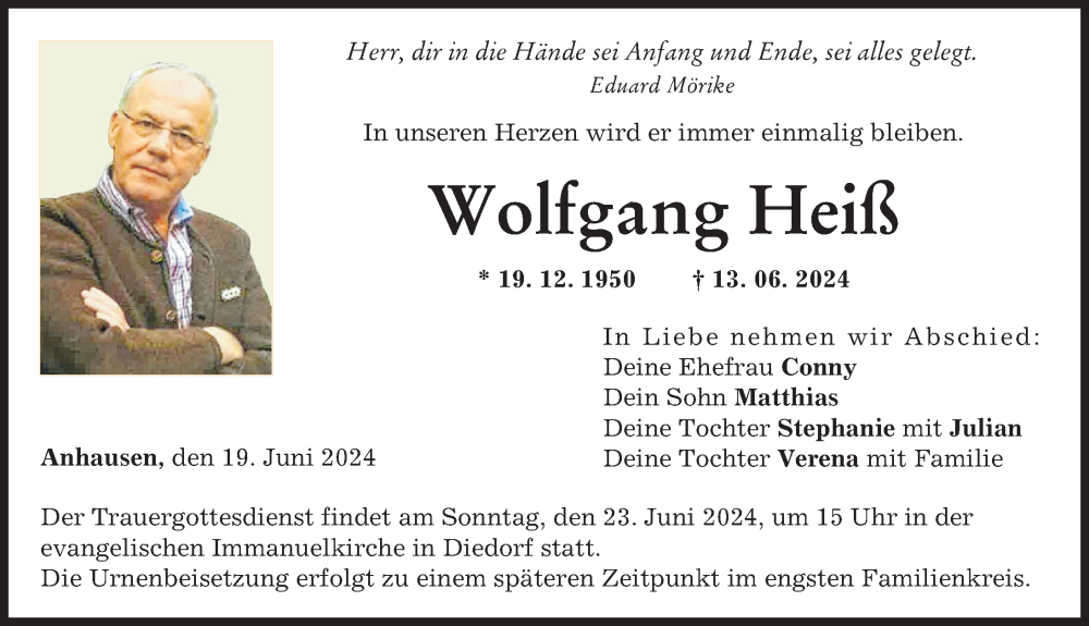 Traueranzeige von Wolfgang Heiß von Augsburger Allgemeine
