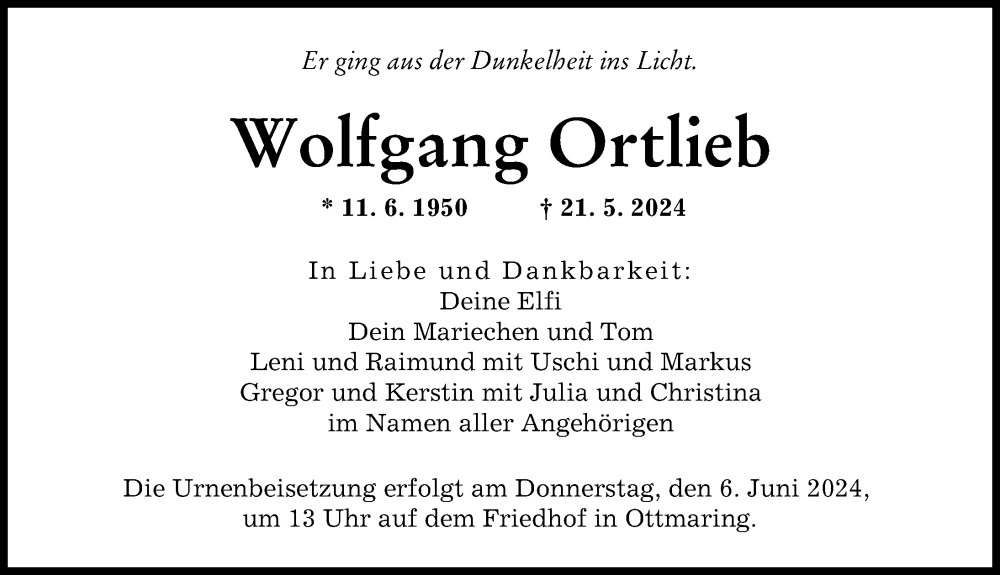 Traueranzeige von Wolfgang Ortlieb von Augsburger Allgemeine