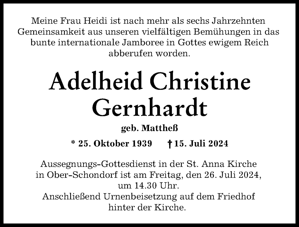 Traueranzeige von Adelheid Christine Gernhardt von Landsberger Tagblatt