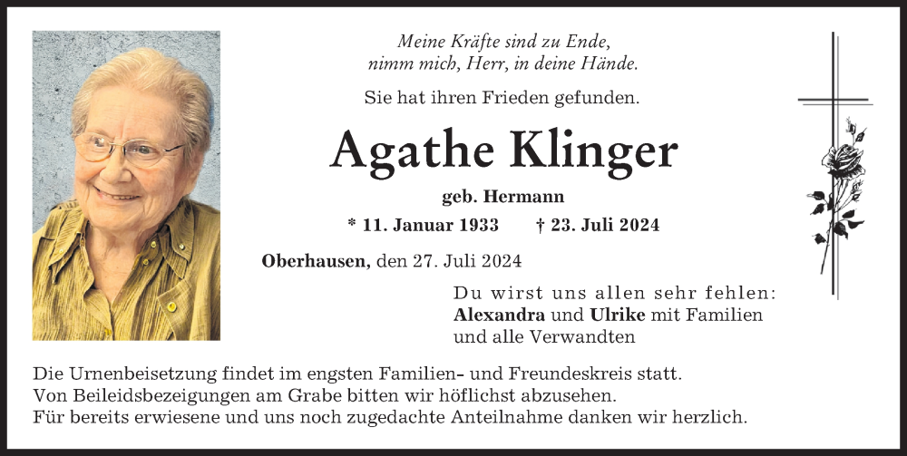 Traueranzeige von Agathe Klinger von Neuburger Rundschau