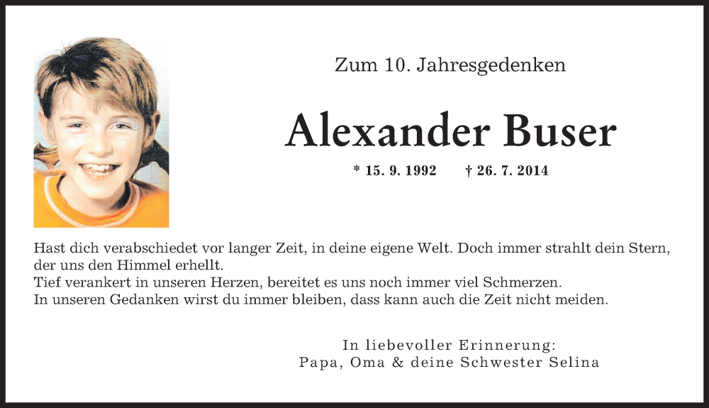 Traueranzeige von Alexander Buser von Augsburger Allgemeine