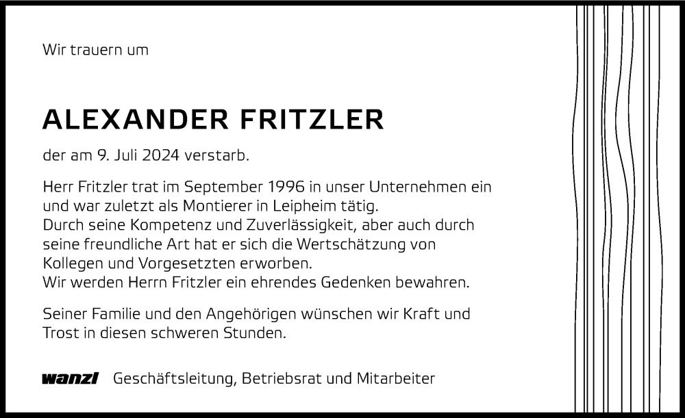 Traueranzeige von Alexander Fritzler von Günzburger Zeitung