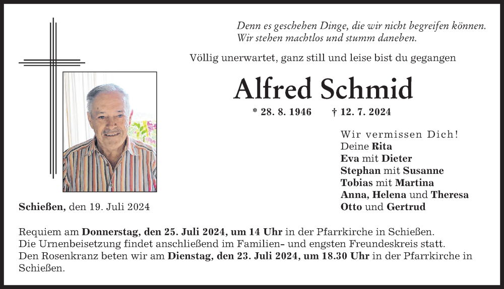 Traueranzeige von Alfred Schmid von Mittelschwäbische Nachrichten, Günzburger Zeitung, Neu-Ulmer Zeitung