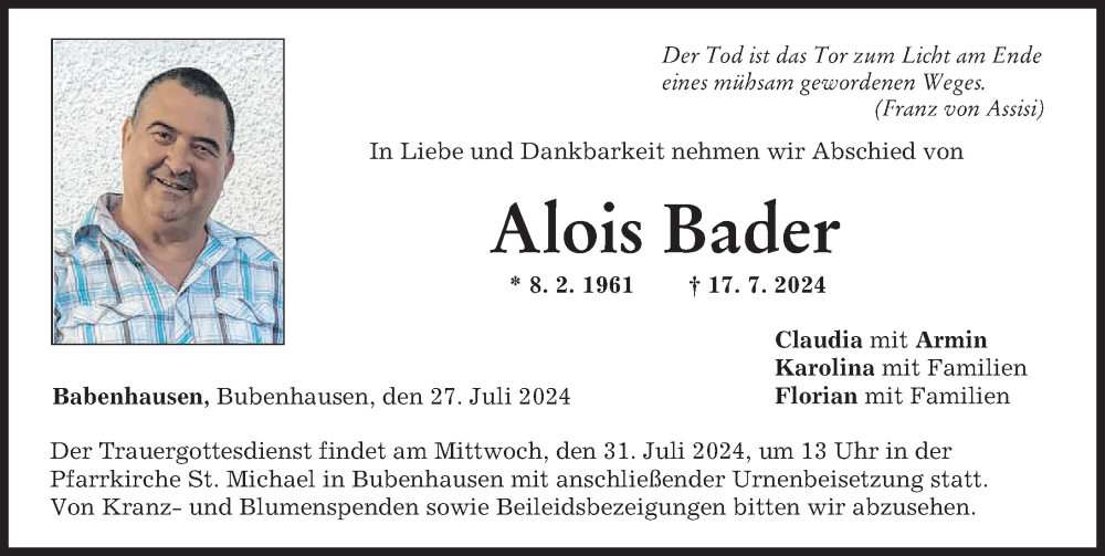 Traueranzeige von Alois Bader von Neu-Ulmer Zeitung, Illertisser Zeitung
