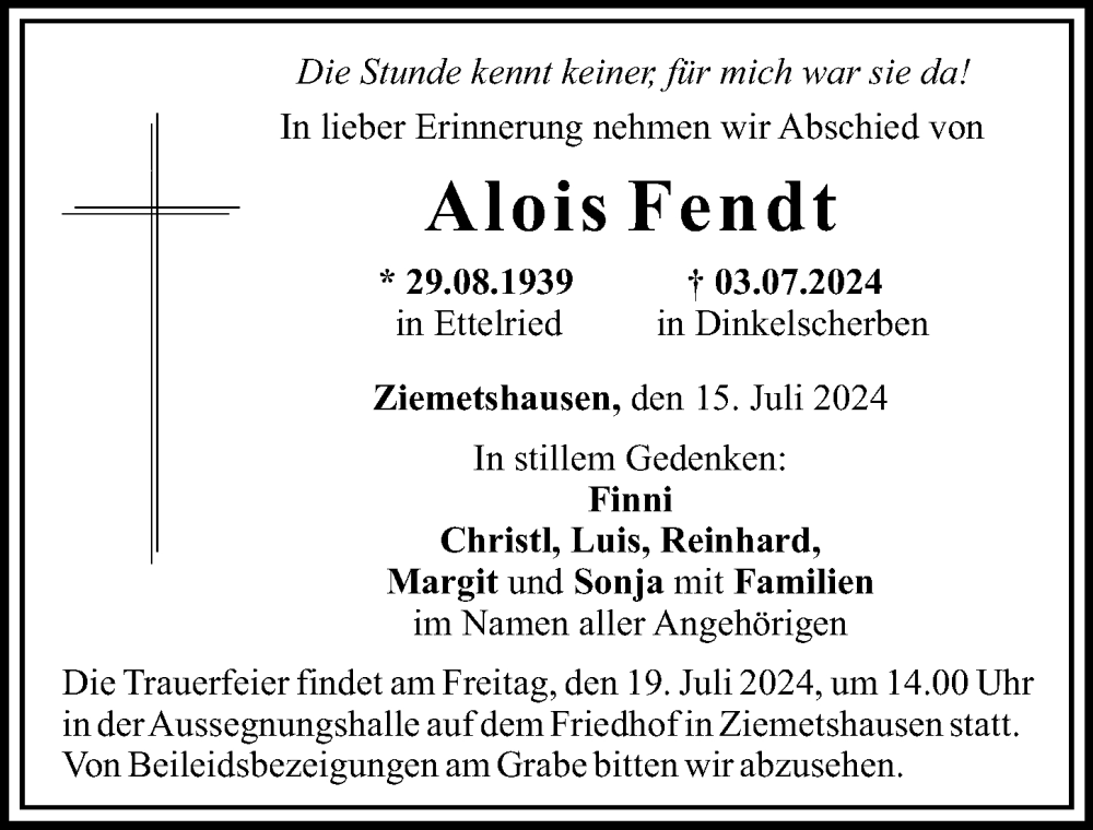 Traueranzeige von Alois Fendt von Augsburg-Land