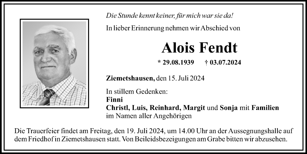 Traueranzeige von Alois Fendt von Mittelschwäbische Nachrichten