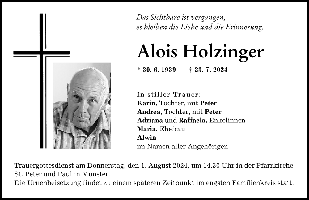 Traueranzeige von Alois Holzinger von Donauwörther Zeitung