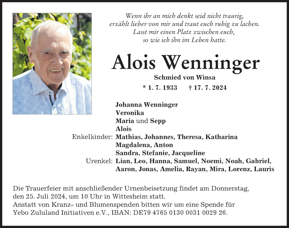 Traueranzeige von Alois Wenninger von Donauwörther Zeitung