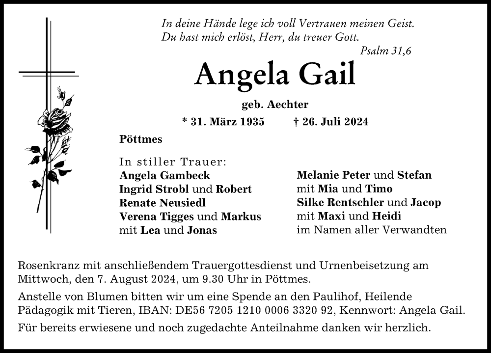 Traueranzeige von Angela Gail von Aichacher Nachrichten