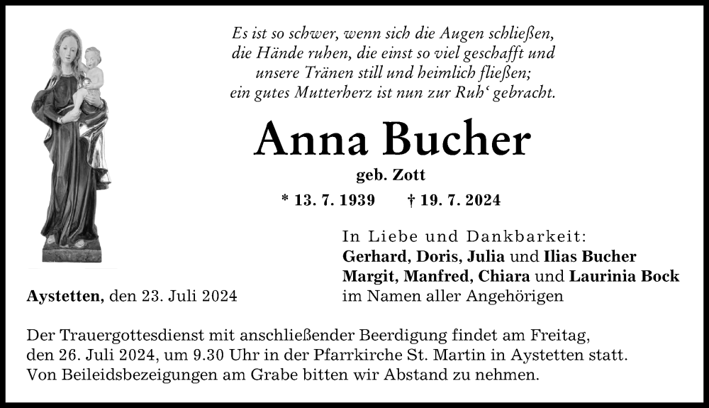 Traueranzeige von Anna Bucher von Augsburg-Land