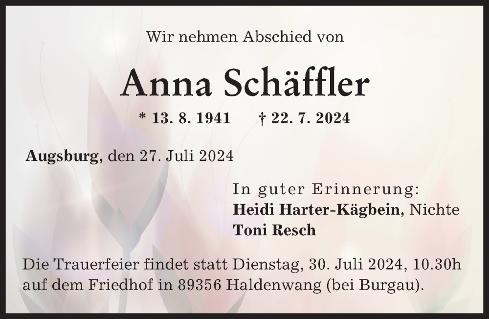 Traueranzeige von Anna Schäffler von Augsburger Allgemeine, Günzburger Zeitung
