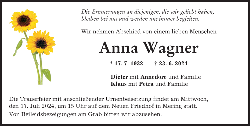 Traueranzeige von Anna Wagner von Augsburg-Land, Friedberger Allgemeine