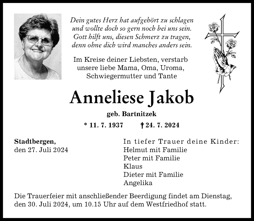 Traueranzeige von Anneliese Jakob von Augsburger Allgemeine