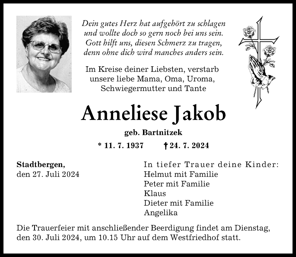  Traueranzeige für Anneliese Jakob vom 27.07.2024 aus Augsburger Allgemeine