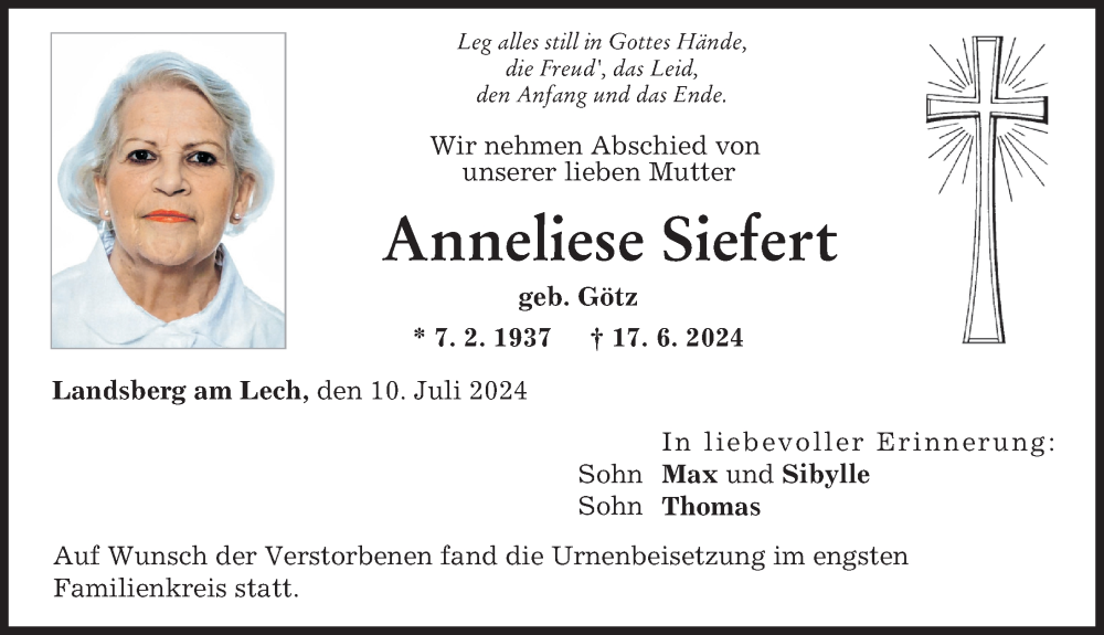 Traueranzeige von Anneliese Siefert von Landsberger Tagblatt