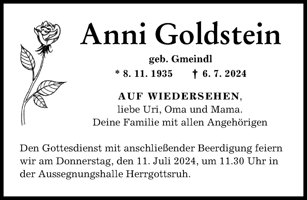 Traueranzeige von Anni Goldstein von Friedberger Allgemeine