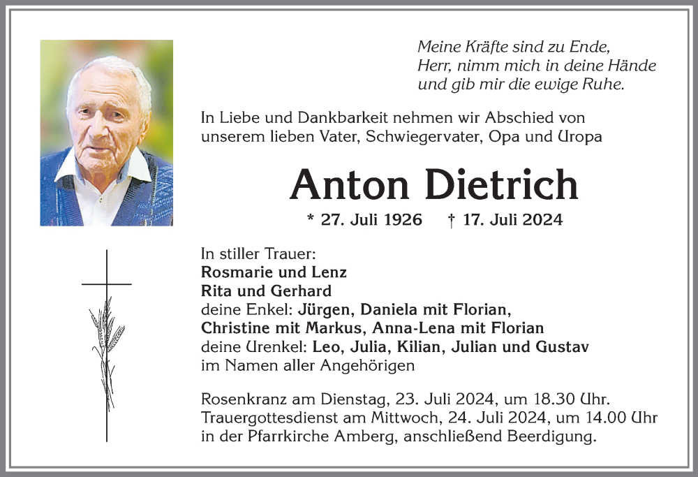 Traueranzeige von Anton Dietrich von Mindelheimer Zeitung