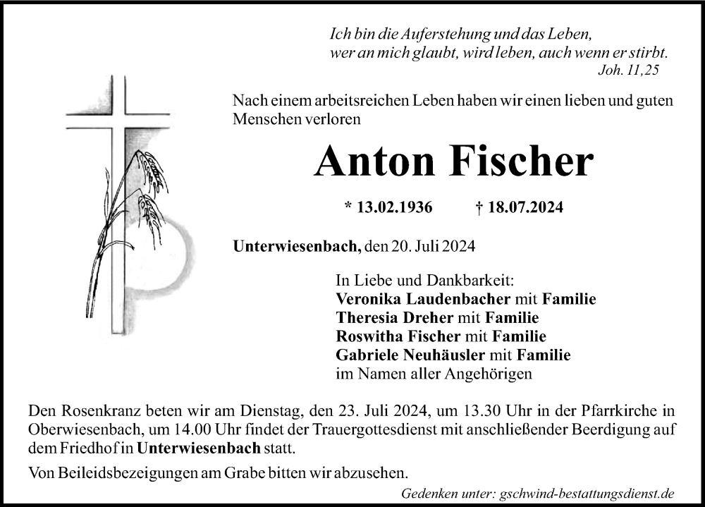 Traueranzeige von Anton Fischer von Mittelschwäbische Nachrichten