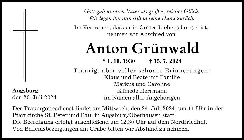 Traueranzeige von Anton Grünwald von Augsburger Allgemeine