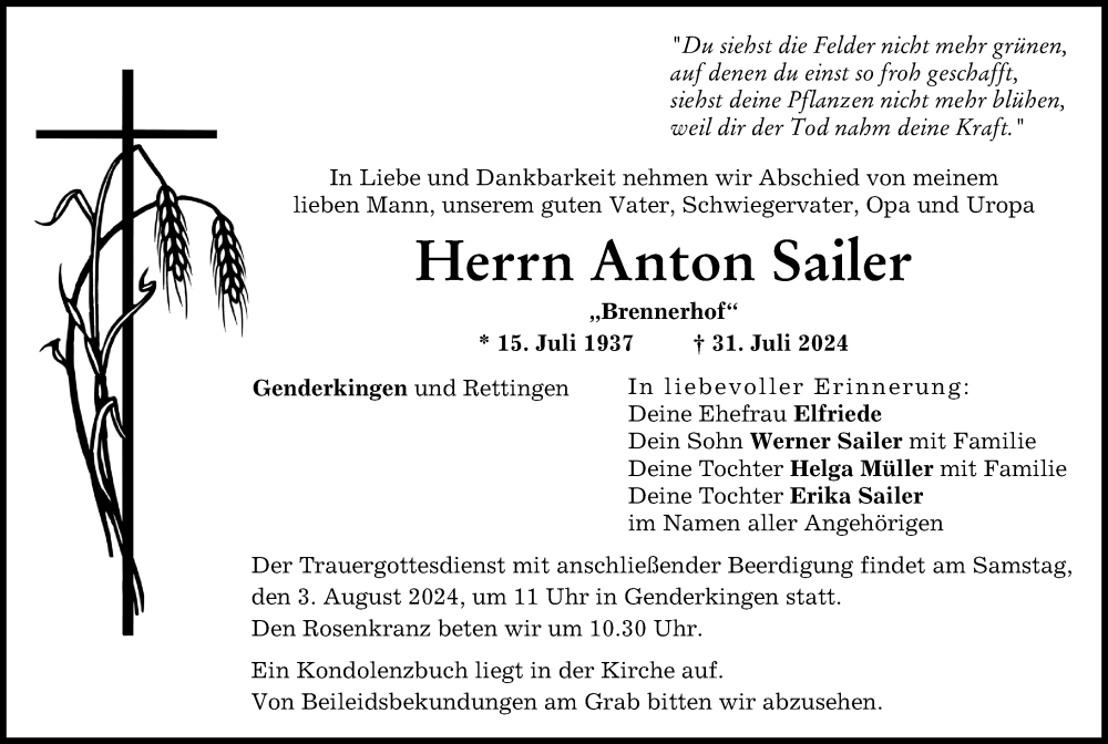 Traueranzeige von Anton Sailer von Donauwörther Zeitung