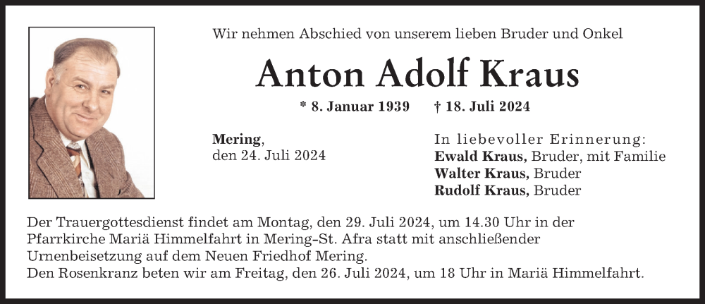 Traueranzeige von Anton Adolf Kraus von Friedberger Allgemeine