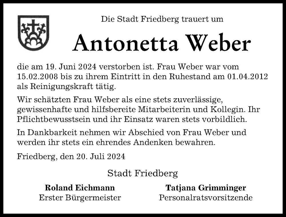 Traueranzeige von Antonetta Weber von Friedberger Allgemeine